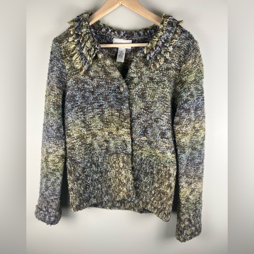 SAKS FIFTH AVENUE Cardigan Sweater Wool Blend Multi Color Sz Small Vtg Hong Kong